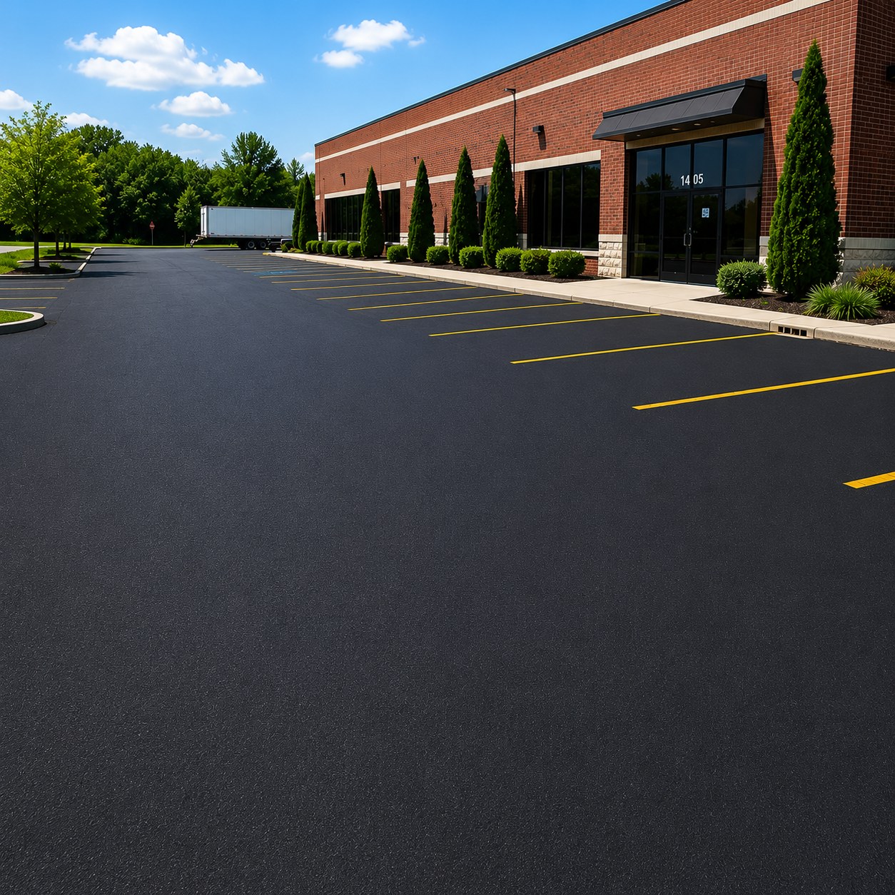 Freshly sealcoated jet-black asphalt commercial lot with sharp clean edges in Holmes County, Ohio